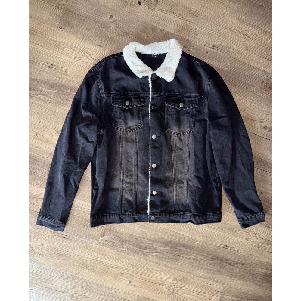 SHEIN Mens Black Denim Trucker Jacket Faux Shearling Collar XL NWOT